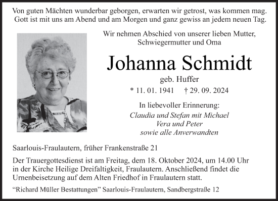 Traueranzeige von Johanna Schmidt von saarbruecker_zeitung