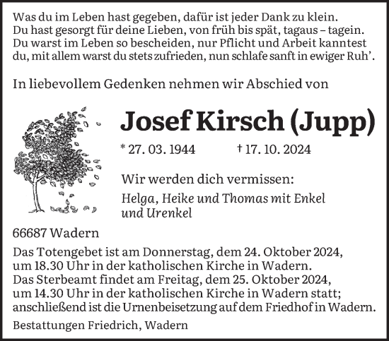 Traueranzeige von Josef Kirsch von saarbruecker_zeitung