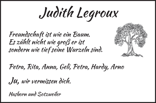 Traueranzeige von Judith Legroux von saarbruecker_zeitung