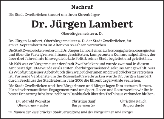 Traueranzeige von Jürgen Lambert von saarbruecker_zeitung