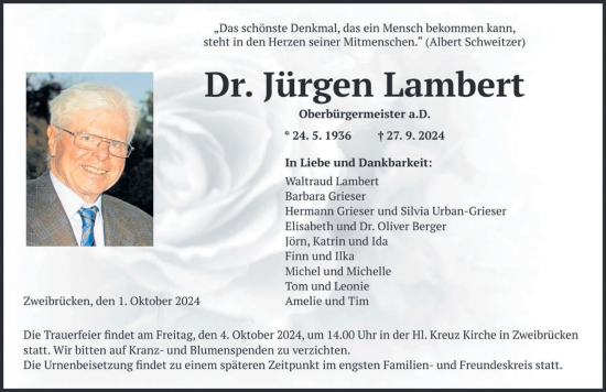 Traueranzeige von Jürgen Lambert von saarbruecker_zeitung