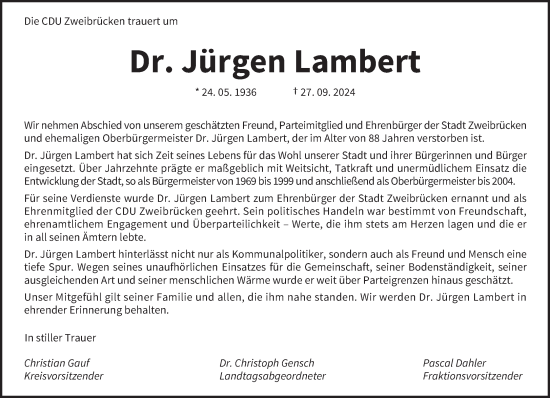 Traueranzeige von Jürgen Lambert von saarbruecker_zeitung