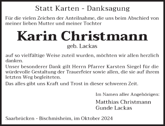 Traueranzeige von Karin Christmann von saarbruecker_zeitung