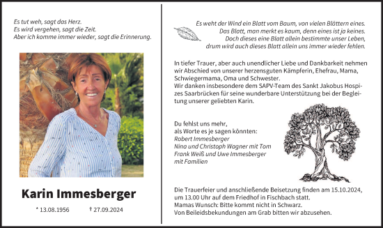 Traueranzeige von Karin Immesberger von saarbruecker_zeitung