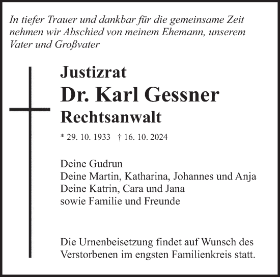 Traueranzeige von Karl Gessner von saarbruecker_zeitung