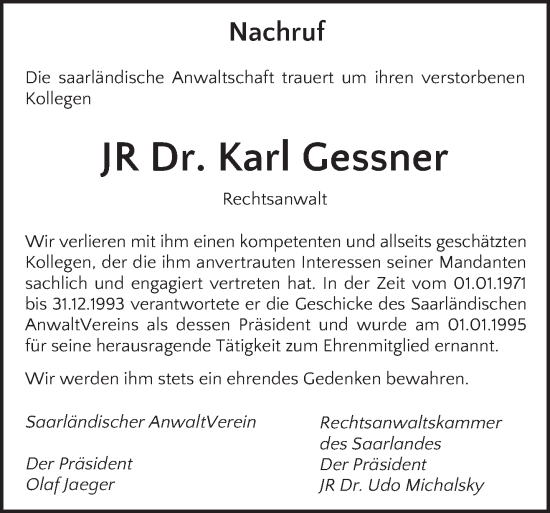 Traueranzeige von Karl Gessner von saarbruecker_zeitung