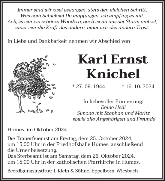 Traueranzeige von Karl Ernst Knichel von saarbruecker_zeitung