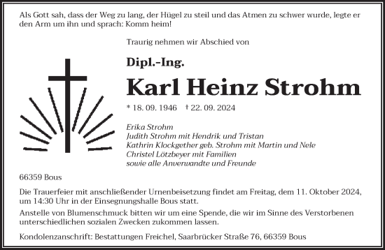 Traueranzeige von Karl Heinz Strohm von saarbruecker_zeitung