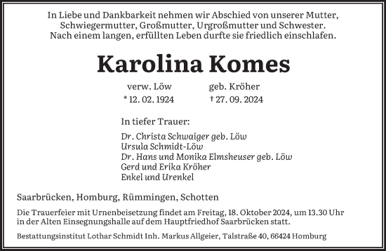 Traueranzeige von Karolina Komes von saarbruecker_zeitung