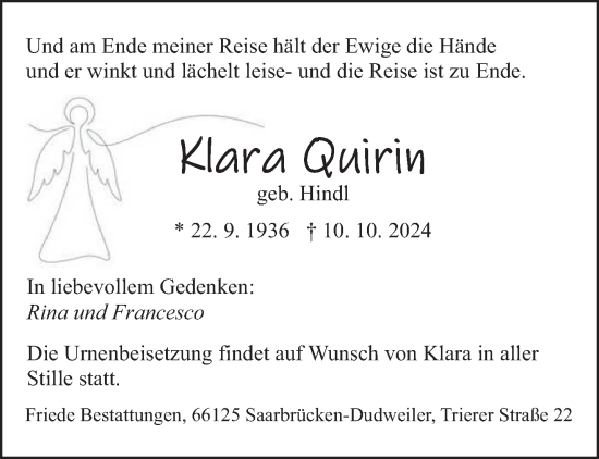 Traueranzeige von Klara Quirin von saarbruecker_zeitung