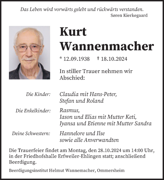 Traueranzeige von Kurt Wannenmacher von saarbruecker_zeitung