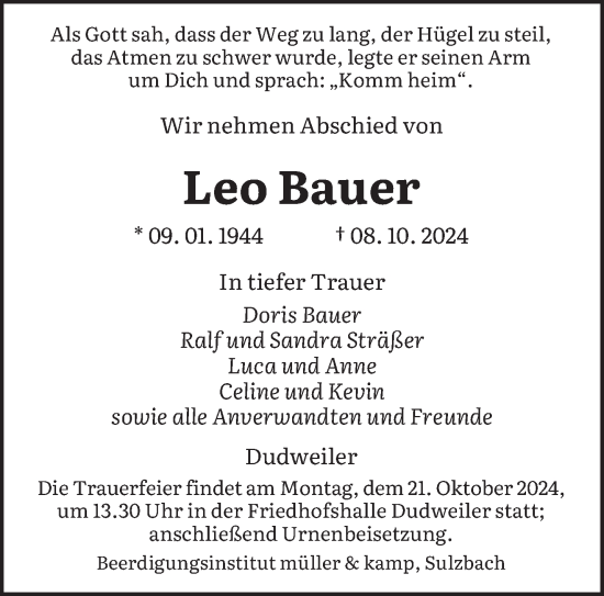 Traueranzeige von Leo Bauer von saarbruecker_zeitung