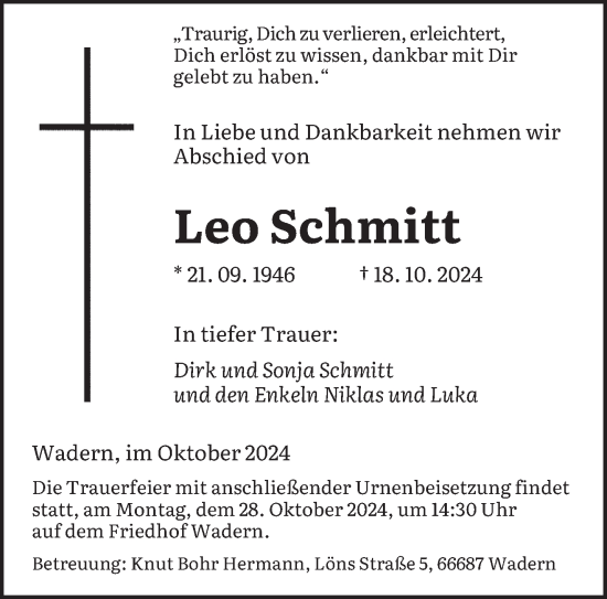 Traueranzeige von Leo Schmitt von saarbruecker_zeitung