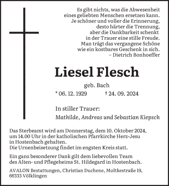 Traueranzeige von Liesel Flesch von saarbruecker_zeitung