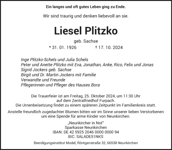 Traueranzeige von Liesel Plitzko von saarbruecker_zeitung