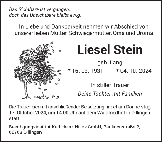 Traueranzeige von Liesel Stein von saarbruecker_zeitung