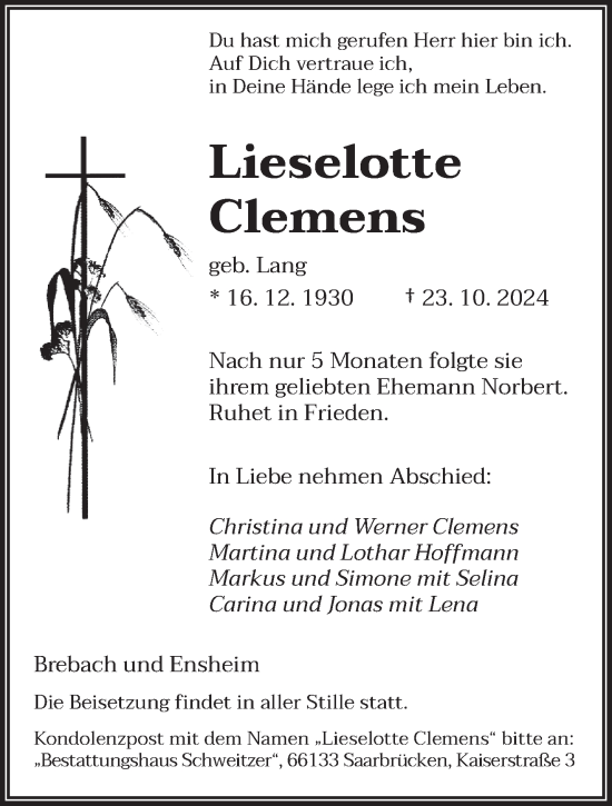 Traueranzeige von Lieselotte Clemens von saarbruecker_zeitung