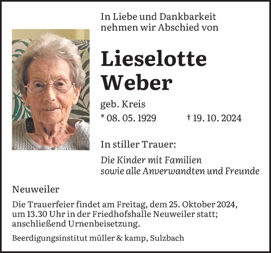 Traueranzeige von Lieselotte Weber von saarbruecker_zeitung