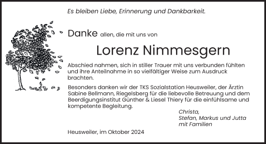 Traueranzeige von Lorenz Nimmesgern von saarbruecker_zeitung