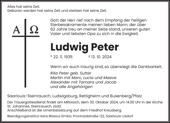 Traueranzeige von Ludwig Peter von saarbruecker_zeitung