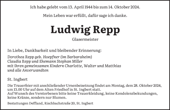 Traueranzeige von Ludwig Repp von saarbruecker_zeitung