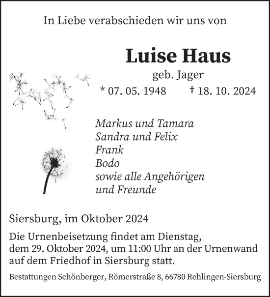 Traueranzeige von Luise Haus von saarbruecker_zeitung