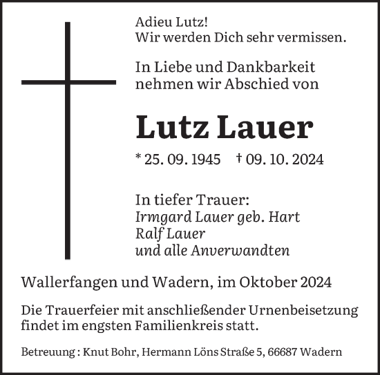 Traueranzeige von Lutz Lauer von saarbruecker_zeitung