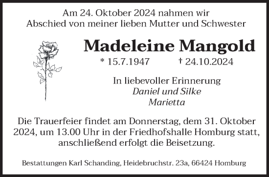 Traueranzeige von Madeleine Mangold von saarbruecker_zeitung