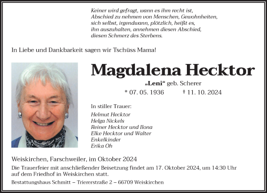 Traueranzeige von Magdalena Hecktor von saarbruecker_zeitung