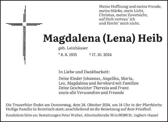 Traueranzeige von Magdalena Heib von saarbruecker_zeitung