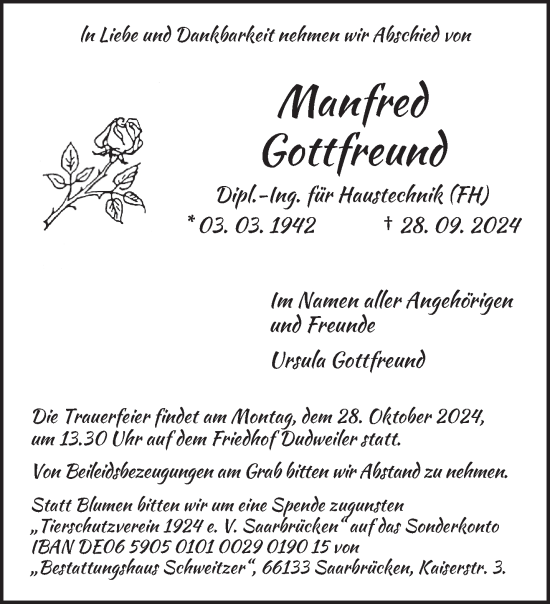 Traueranzeige von Manfred Gottfreund von saarbruecker_zeitung