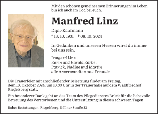 Traueranzeige von Manfred Linz von saarbruecker_zeitung