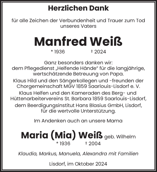 Traueranzeige von Manfred Weiß von saarbruecker_zeitung