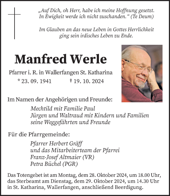 Traueranzeige von Manfred Werle von saarbruecker_zeitung