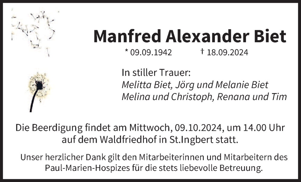  Traueranzeige für Manfred Alexander Biet vom 05.10.2024 aus saarbruecker_zeitung