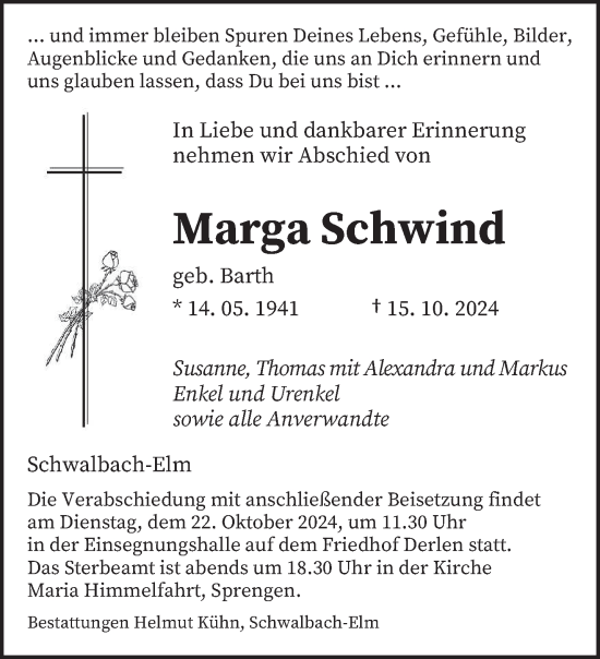 Traueranzeige von Marga Schwind von saarbruecker_zeitung