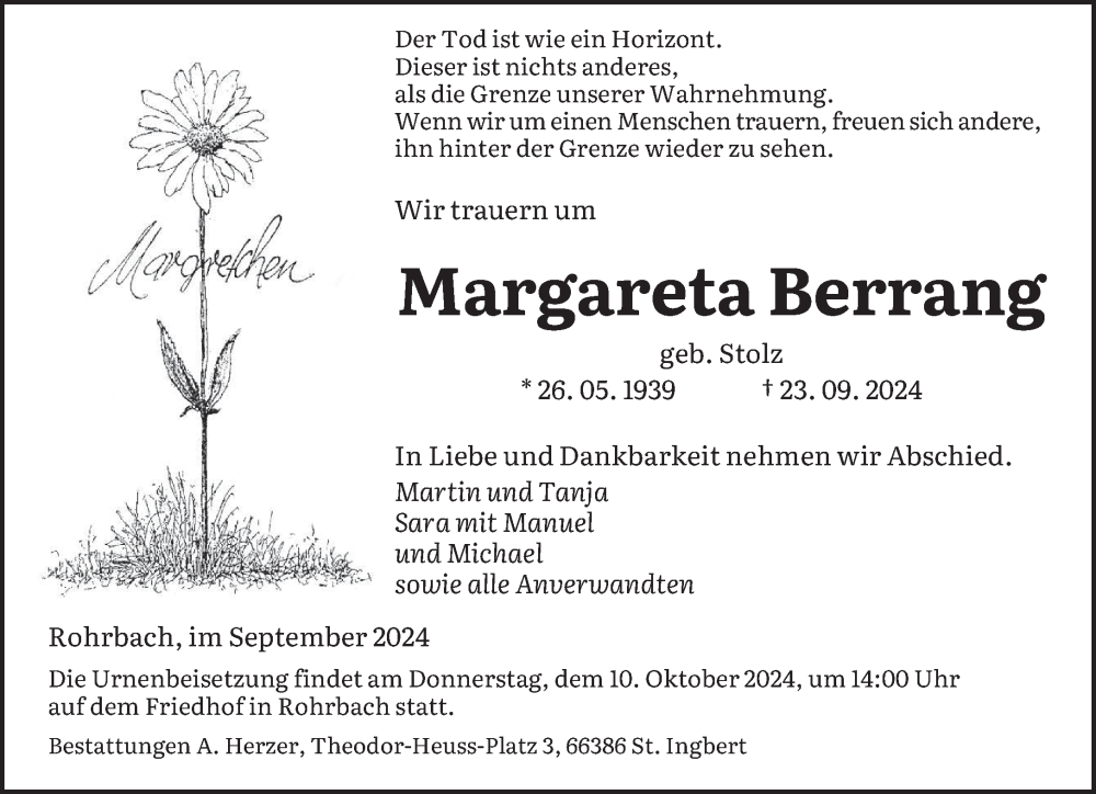  Traueranzeige für Margareta Berrang vom 05.10.2024 aus saarbruecker_zeitung