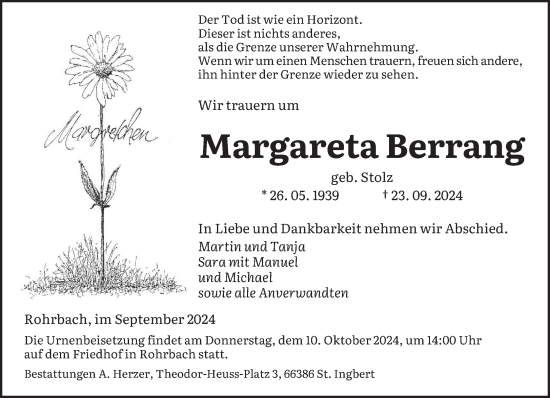 Traueranzeige von Margareta Berrang von saarbruecker_zeitung