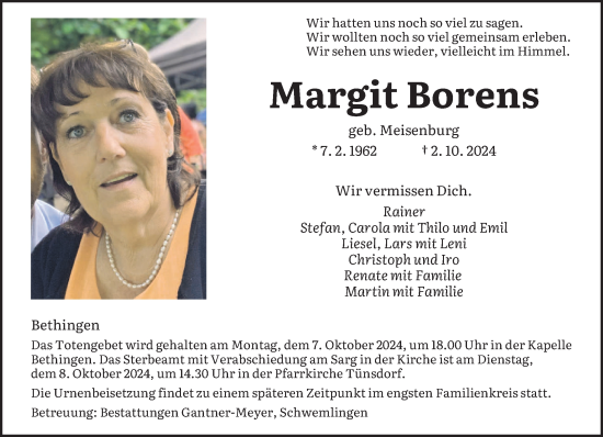 Traueranzeige von Margit Borens von saarbruecker_zeitung