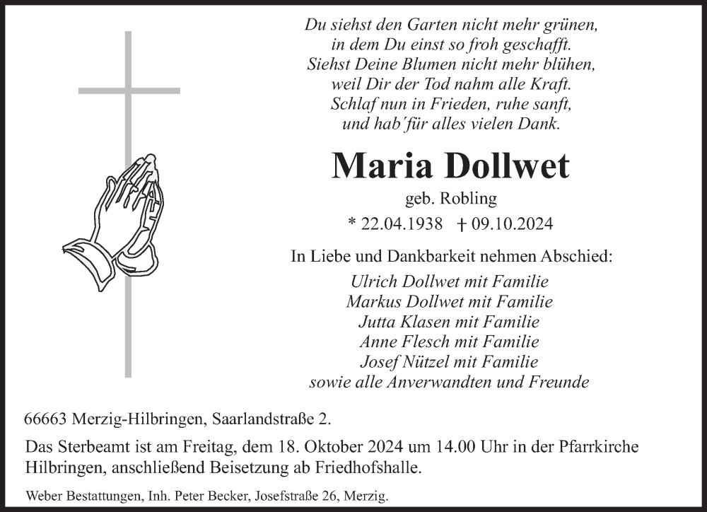  Traueranzeige für Maria Dollwet vom 12.10.2024 aus saarbruecker_zeitung