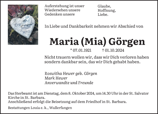 Traueranzeige von Maria Görgen von saarbruecker_zeitung