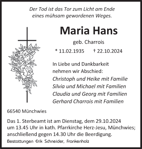 Traueranzeige von Maria Hans von saarbruecker_zeitung