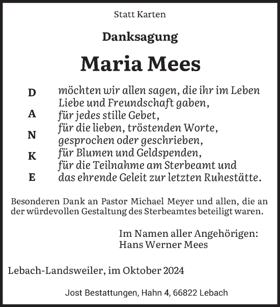 Traueranzeige von Maria Mees von saarbruecker_zeitung