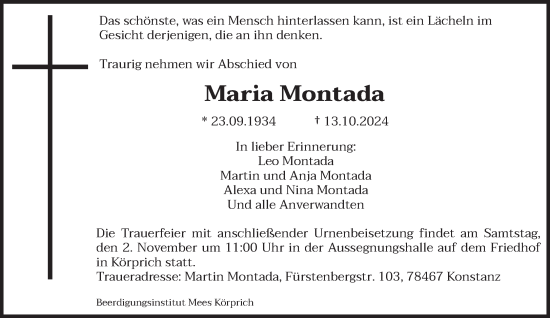 Traueranzeige von Maria Montada von saarbruecker_zeitung