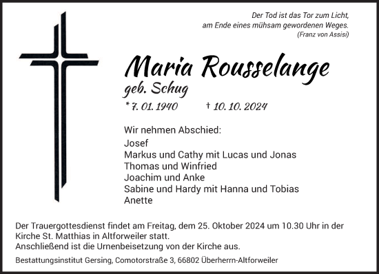 Traueranzeige von Maria Rousselange von saarbruecker_zeitung