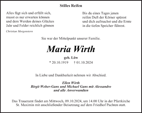 Traueranzeige von Maria Wirth von saarbruecker_zeitung