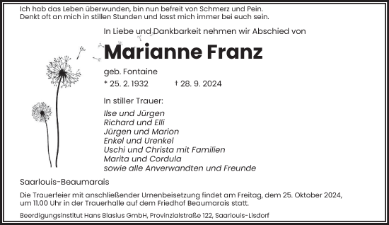 Traueranzeige von Marianne Franz von saarbruecker_zeitung