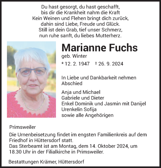 Traueranzeige von Marianne Fuchs von saarbruecker_zeitung