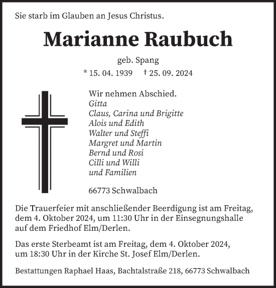 Traueranzeige von Marianne Raubuch von saarbruecker_zeitung