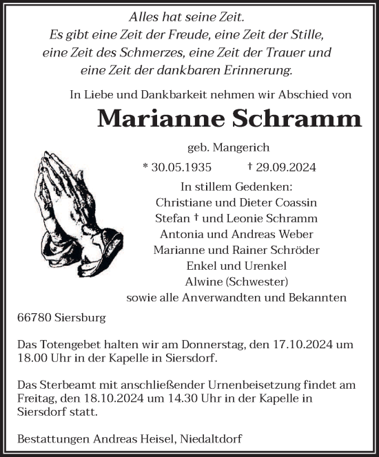 Traueranzeige von Marianne Schramm von saarbruecker_zeitung